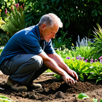 A professional landscaper, wearing durable, modest work attire, kneels on the ground, their hands gently examining rich, dark soil. They are surrounded by a diverse array of healthy, native plants in a thriving community garden, with soft sunlight filtering through the foliage. The scene emphasizes hands-on experience and a deep connection to nature. Perfect anatomy, correct proportions, natural pose, well-formed hands, proper finger count, natural body proportions, professional photography, high quality, natural lighting, safe for work, appropriate content, fully clothed, modest clothing, family-friendly.