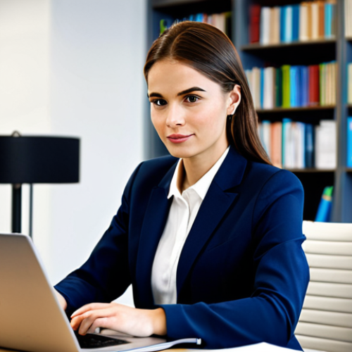 Home 6 **
A confident professional woman in a modern office setting, fully clothed in a tailored business suit, working at a desk with a laptop. The background includes blurred office elements like bookshelves and coworkers. Perfect anatomy, correct proportions, natural pose, well-formed hands, proper finger count, professional lighting, safe for work, appropriate content, fully clothed, professional.
**