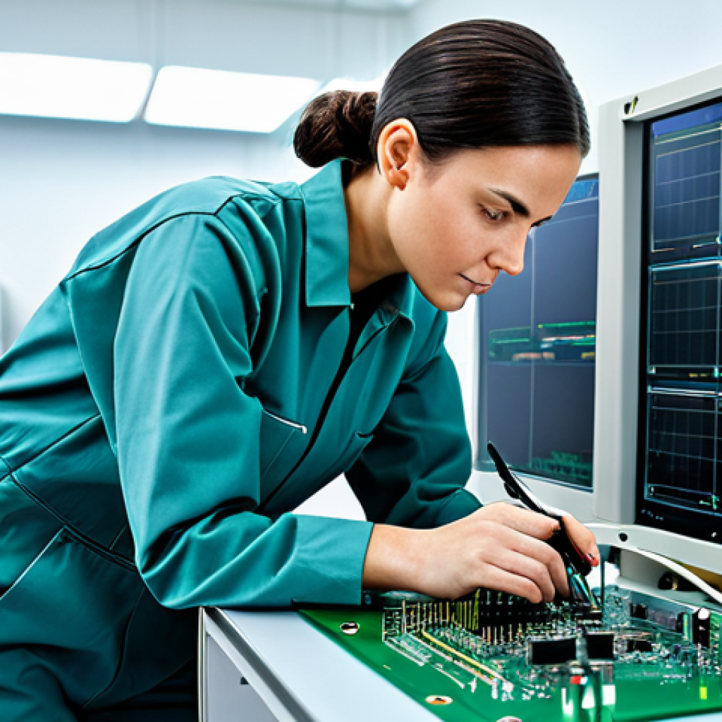 조경 분야에서의 데이터 분석 활용법 - "A professional female engineer in a fully clothed, modest jumpsuit, working on a complex circuit bo...