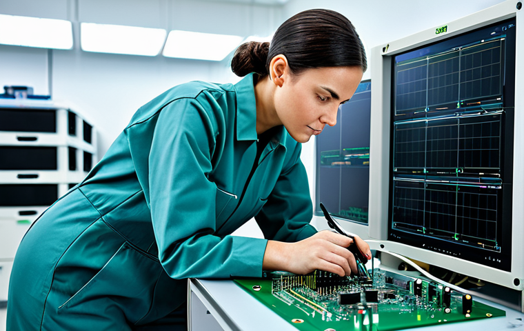 조경 분야에서의 데이터 분석 활용법 - "A professional female engineer in a fully clothed, modest jumpsuit, working on a complex circuit bo...