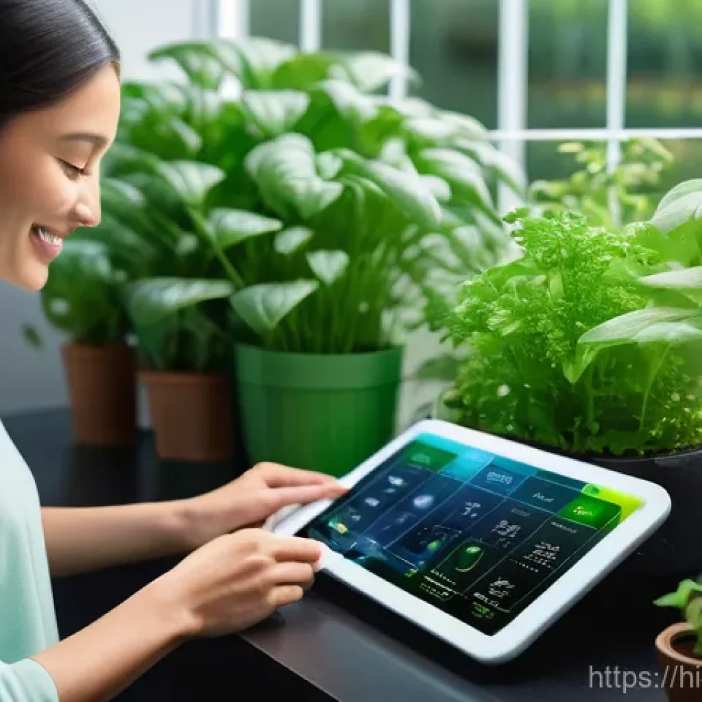 조경 분야의 디지털 트랜스포메이션 사례 - **Prompt:** A close-up, highly detailed shot of a thriving smart garden at home. Lush, vibrant green...