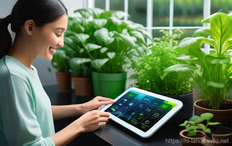 조경 분야의 디지털 트랜스포메이션 사례 - **Prompt:** A close-up, highly detailed shot of a thriving smart garden at home. Lush, vibrant green...