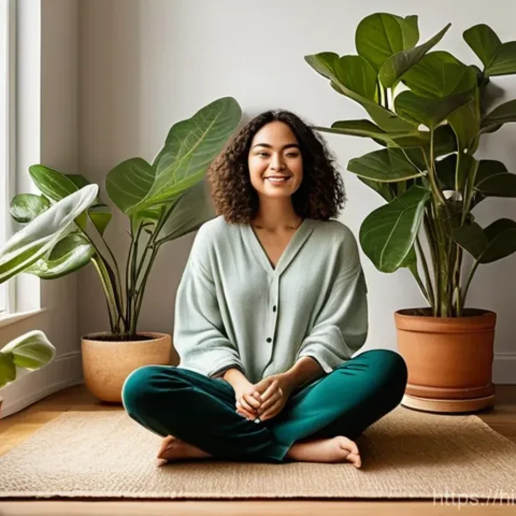 조경 디자인과 건축의 융합 사례 - **Prompt:** A young woman, dressed in comfortable, stylish loungewear, is sitting cross-legged on a ...