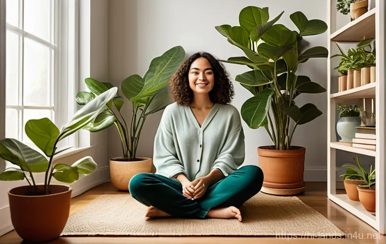 조경 디자인과 건축의 융합 사례 - **Prompt:** A young woman, dressed in comfortable, stylish loungewear, is sitting cross-legged on a ...