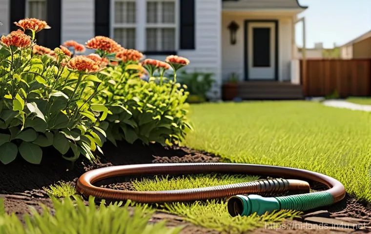 조경 작업 시 실수 줄이는 법 - **Prompt:** A desolate, dried-out residential lawn in front of a modest, well-maintained house on a ...