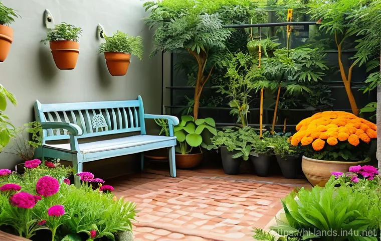 조경 설계 실습 경험 공유 - A vibrant and flourishing home garden in India, showcasing a blend of traditional and creative eleme...