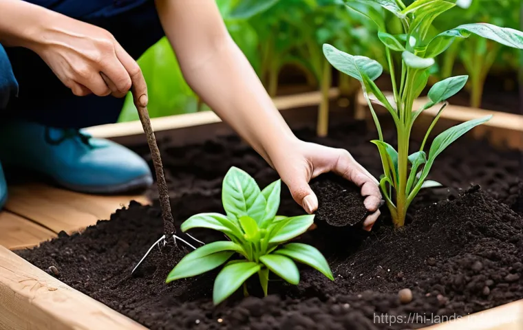 조경 설계 실습 경험 공유 - A dynamic close-up shot of an adult's hands (wearing simple, practical clothing) actively engaged in...