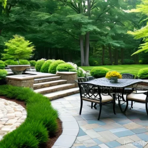 조경과 원예의 차이점 이해하기 - **"A beautifully designed, expansive backyard landscape on a sunny day. The scene features a winding...