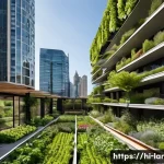 조경 프로젝트와 환경 법규 준수 - **Urban Green Oasis: Vertical Gardens and Rooftop Farms**
    A wide-angle shot of a vibrant, futuri...