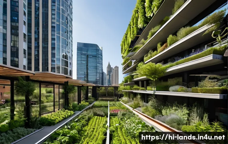 조경 프로젝트와 환경 법규 준수 - **Urban Green Oasis: Vertical Gardens and Rooftop Farms**
    A wide-angle shot of a vibrant, futuri...