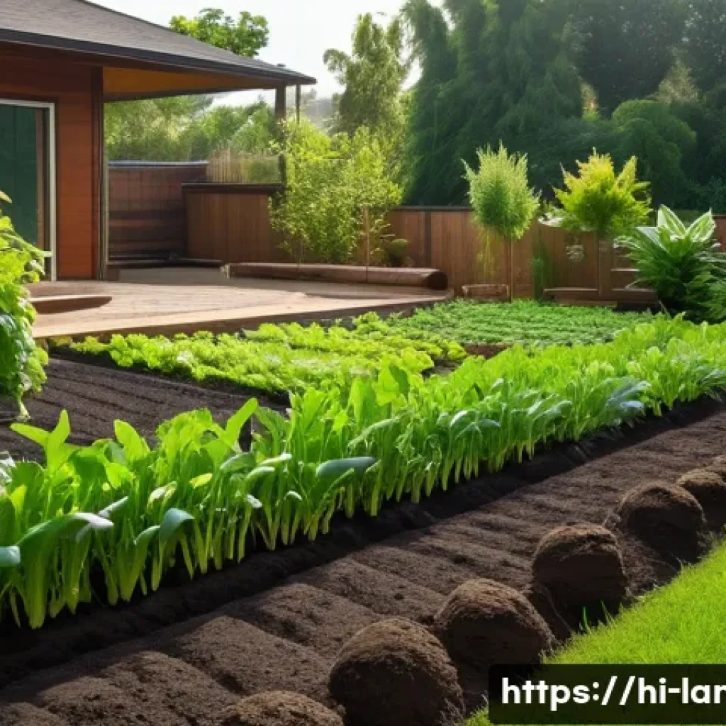 조경 시공과 유지관리 차이 - A vibrant home garden scene in a backyard setting, showcasing freshly prepared soil with visible tex...