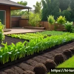 조경 시공과 유지관리 차이 - A vibrant home garden scene in a backyard setting, showcasing freshly prepared soil with visible tex...