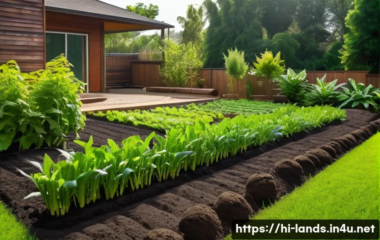 조경 시공과 유지관리 차이 - A vibrant home garden scene in a backyard setting, showcasing freshly prepared soil with visible tex...