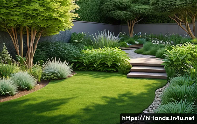 조경 실기 도면 작성 요령 - A detailed gardening landscape drawing featuring clear, precise lines outlining various plants, tree...