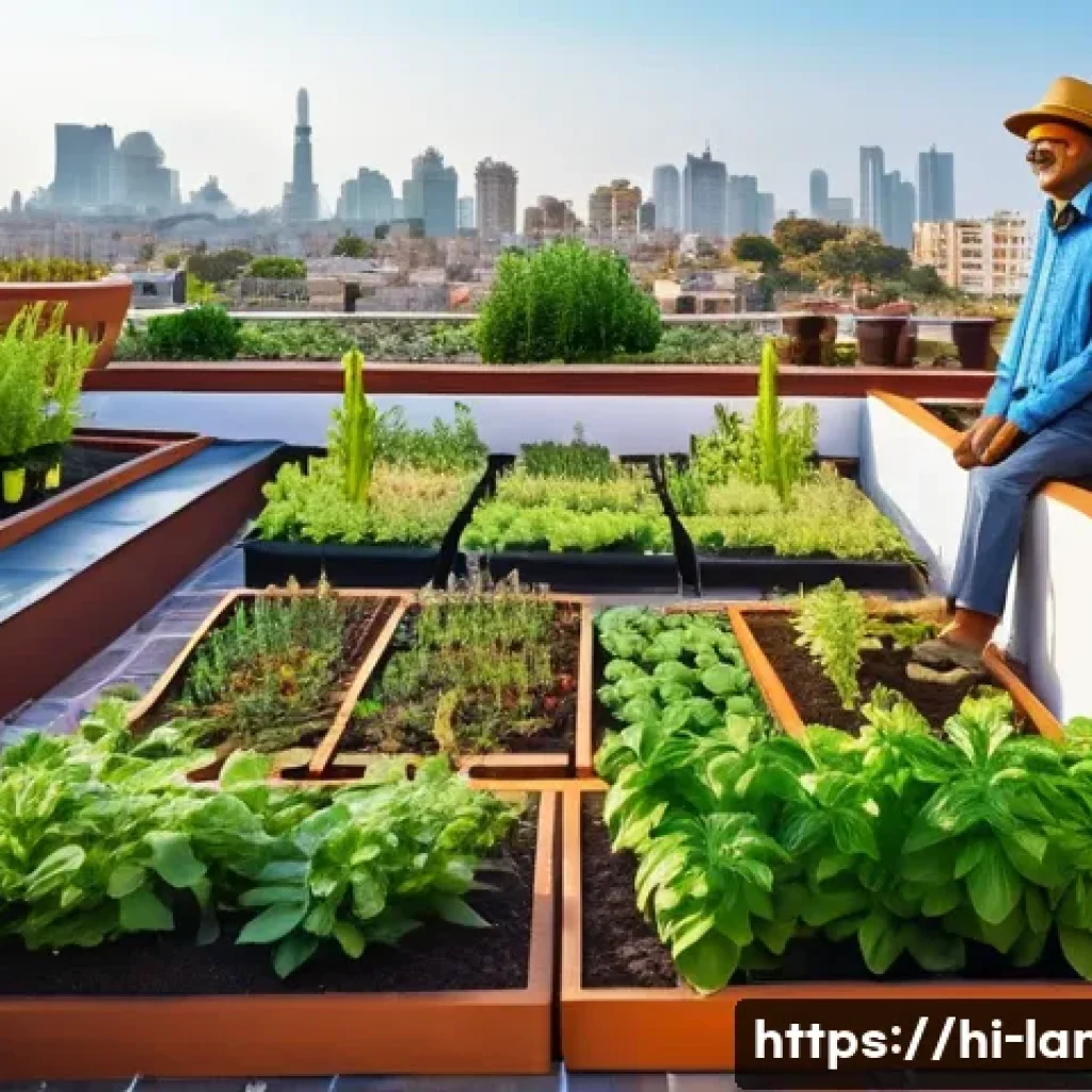 조경 분야의 창업 아이디어 - A vibrant rooftop garden in a small Indian town, featuring a variety of native and seasonal plants i...