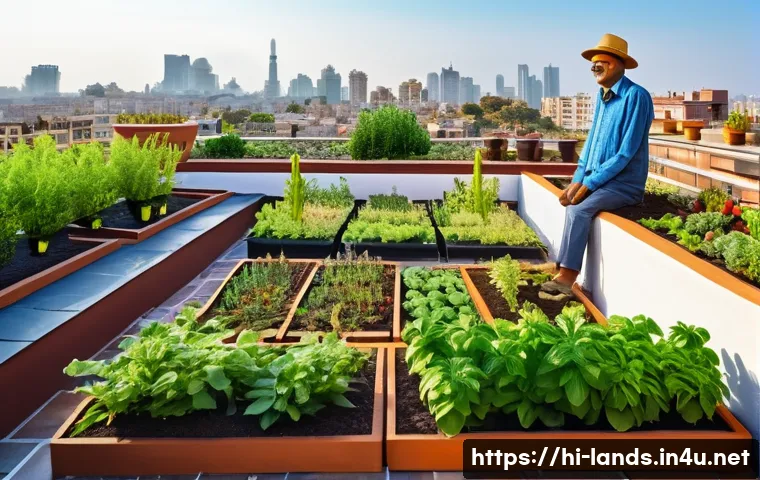 조경 분야의 창업 아이디어 - A vibrant rooftop garden in a small Indian town, featuring a variety of native and seasonal plants i...