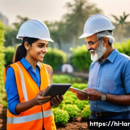 조경 프로젝트의 팀워크 관리 - A diverse landscaping team engaged in an open and positive discussion at a sunny outdoor project sit...