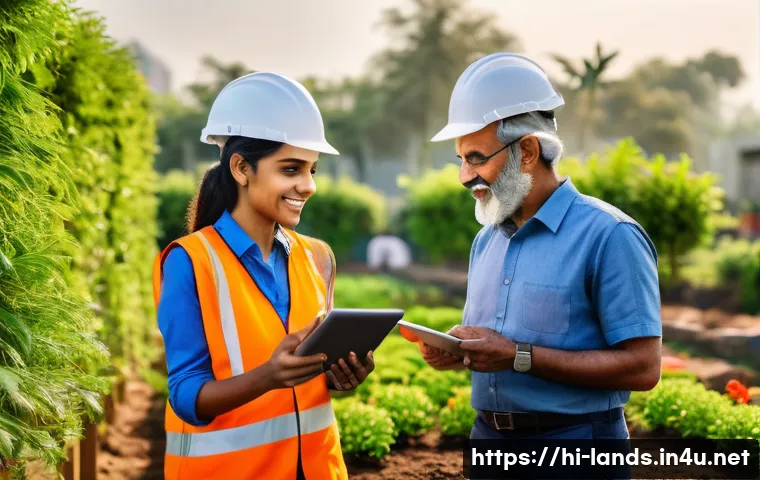 조경 프로젝트의 팀워크 관리 - A diverse landscaping team engaged in an open and positive discussion at a sunny outdoor project sit...