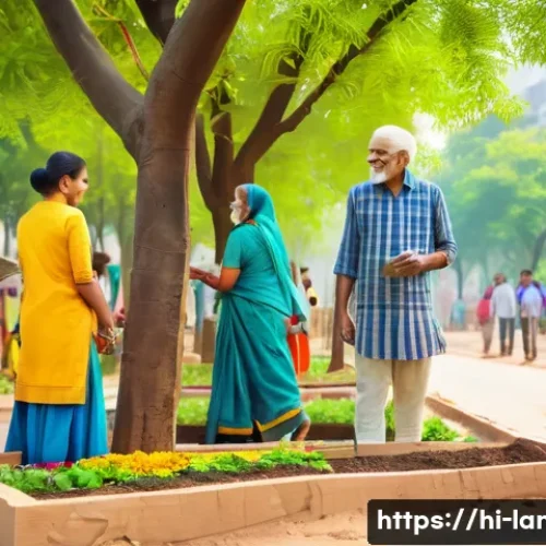 조경과 관련된 공공정책 사례 - A vibrant urban community park scene in an Indian city, showing diverse local residents of all ages ...