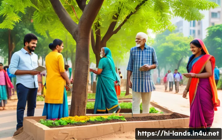 조경과 관련된 공공정책 사례 - A vibrant urban community park scene in an Indian city, showing diverse local residents of all ages ...