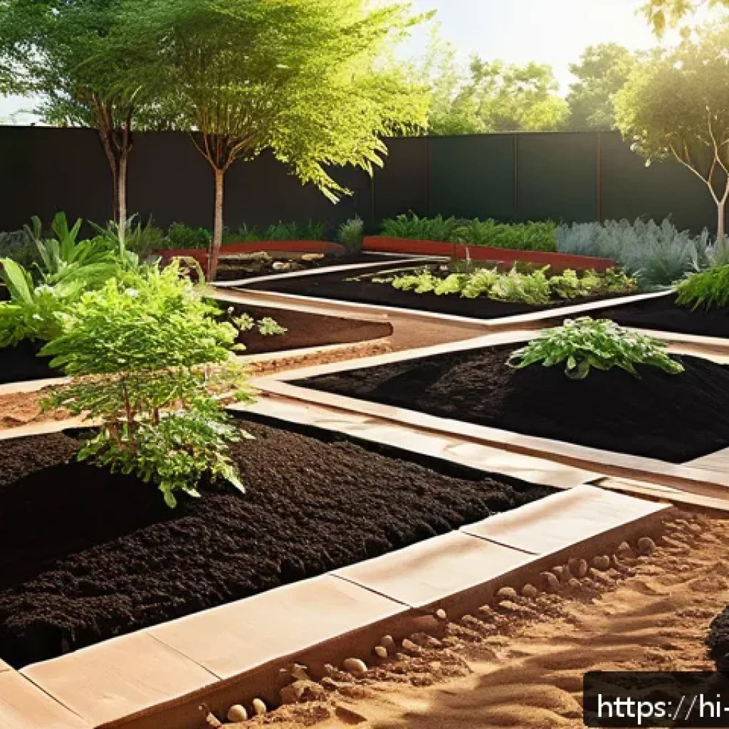 조경 설계에서 자연 요소 활용법 - A vibrant garden scene featuring a variety of soil types prominently displayed in distinct garden be...