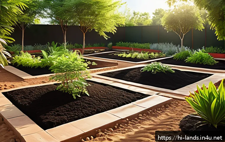 조경 설계에서 자연 요소 활용법 - A vibrant garden scene featuring a variety of soil types prominently displayed in distinct garden be...