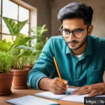 Home 18 조경기사 실기 작업형 대비법 - A detailed scene of a diligent student taking precise, handwritten notes on practical gardening tech...