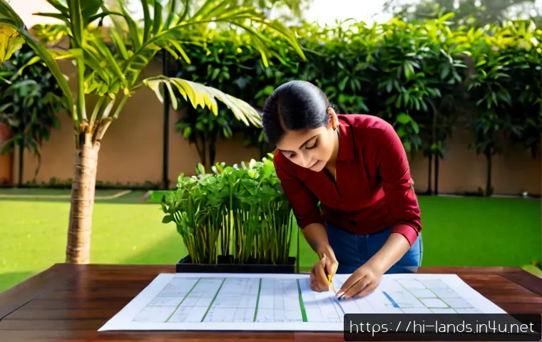 조경 설계 프로젝트 의뢰 방법 - Photorealistic landscape design consultation in a modern Indian home garden, a homeowner and profess...
